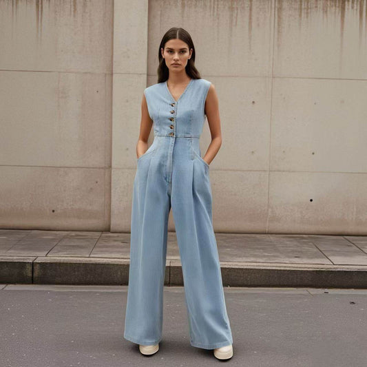 Salopette Jean Femme à Col V - Clairea Boutique