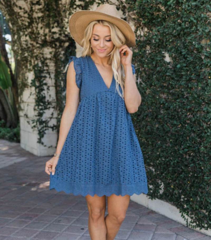 Robe d'Été Sans Manches en Dentelle Jacquard – Décolleté V et Poches Pratiques - Clairea Boutique